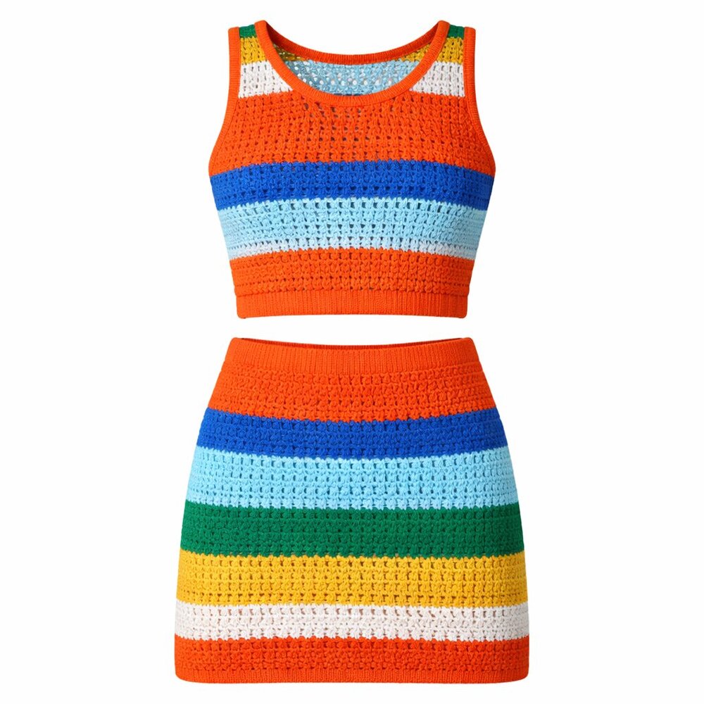 Rainbow Striped Crochet Knit 2 Piece Set Crop Top Mini Skirt Small Boho Festival